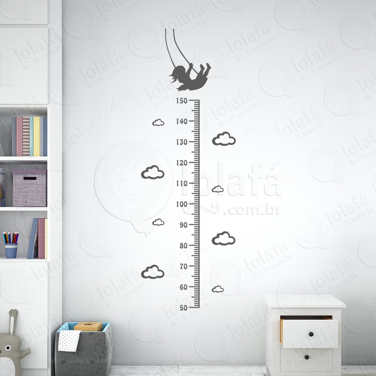 Balanço e Nuvens Adesivo Régua de Crescimento Infantil, Medidor de Altura para Quarto, Porta e Parede Mod:121