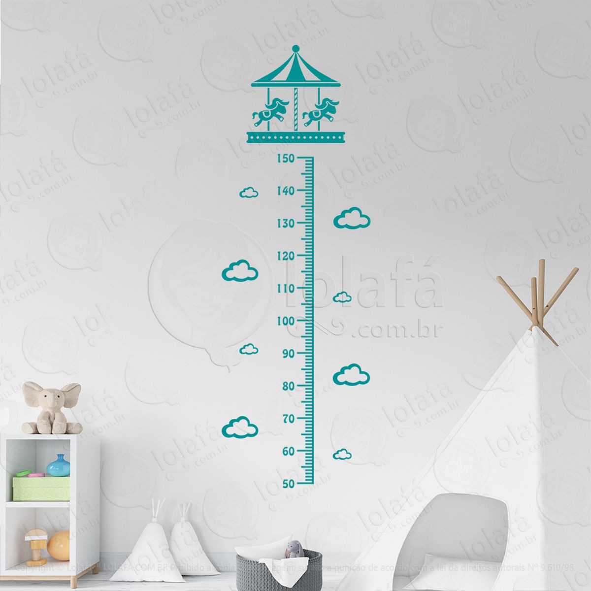 Carrossel e Nuvens Adesivo Régua de Crescimento Infantil, Medidor de Altura para Quarto, Porta e Parede Mod:131