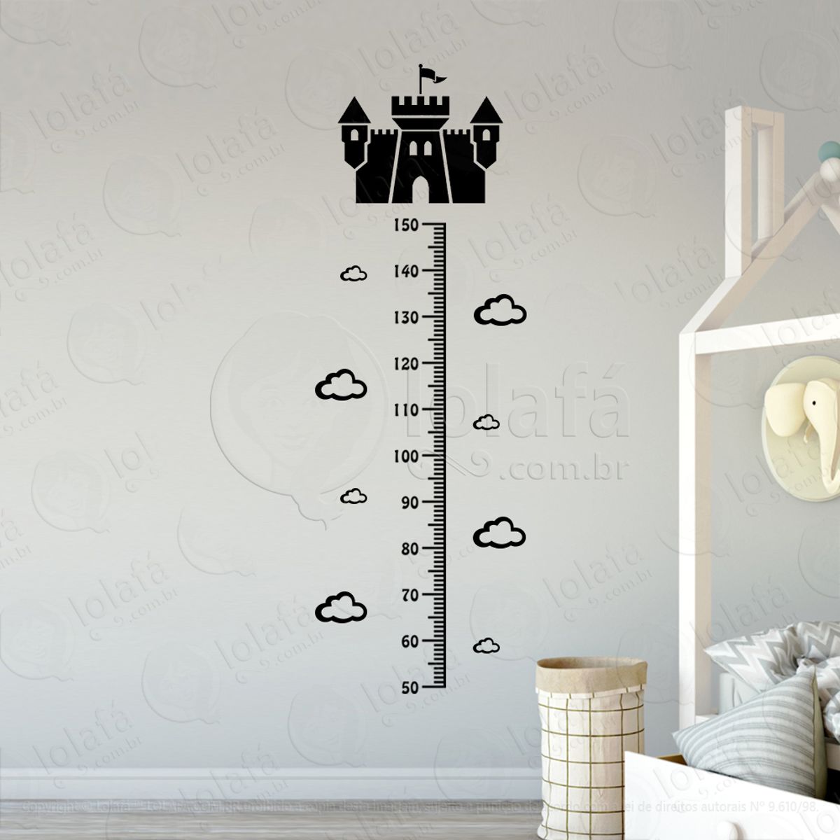Castelo e Nuvens Adesivo Régua de Crescimento Infantil, Medidor de Altura para Quarto, Porta e Parede Mod:132