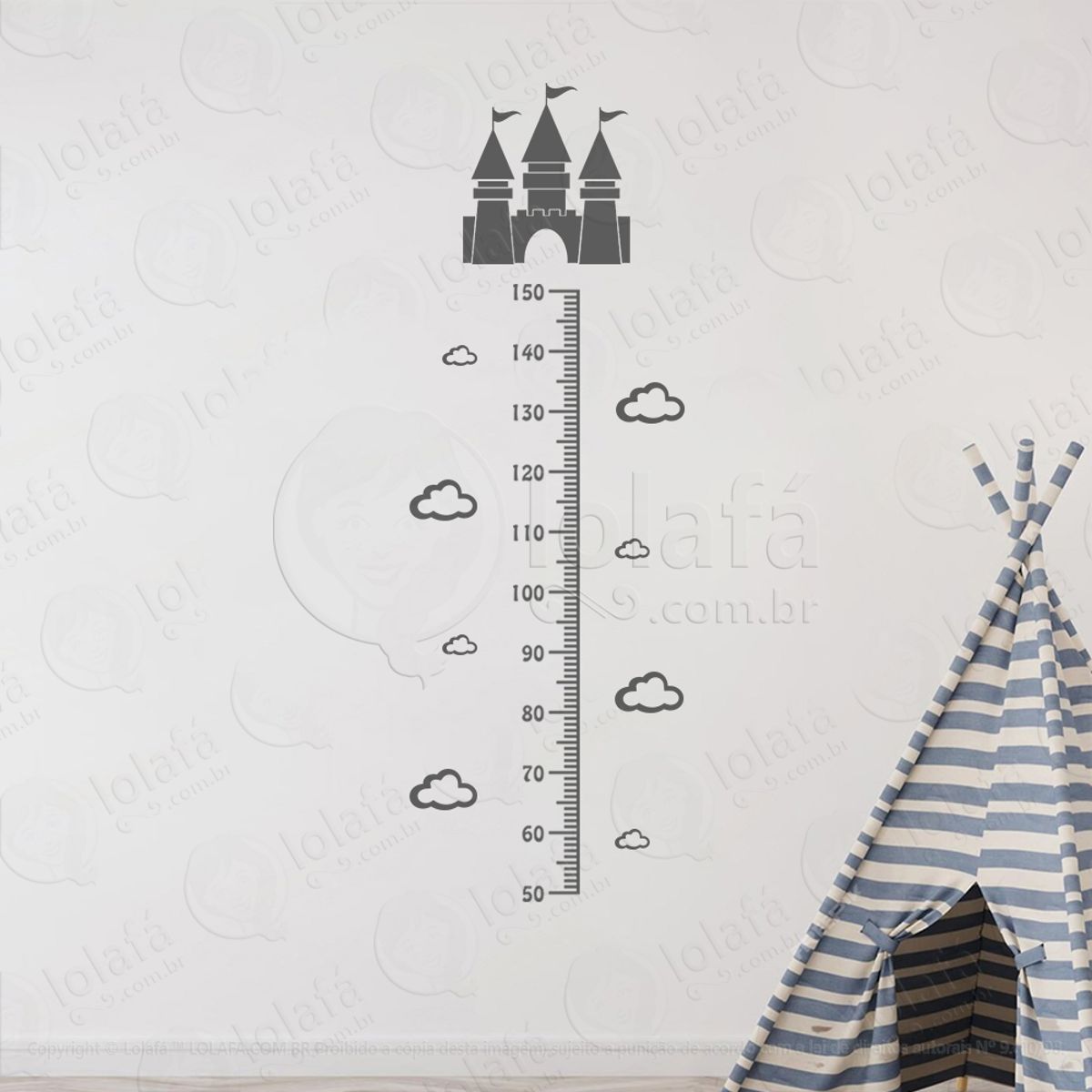 Castelo e Nuvens Adesivo Régua de Crescimento Infantil, Medidor de Altura para Quarto, Porta e Parede Mod:133