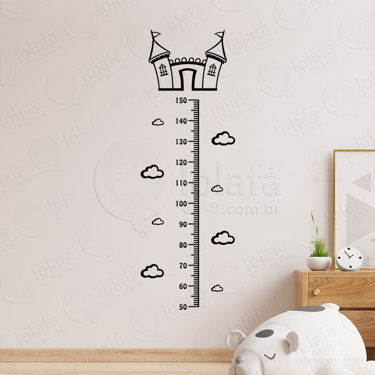 Castelo e Nuvens Adesivo Régua de Crescimento Infantil, Medidor de Altura para Quarto, Porta e Parede Mod:135