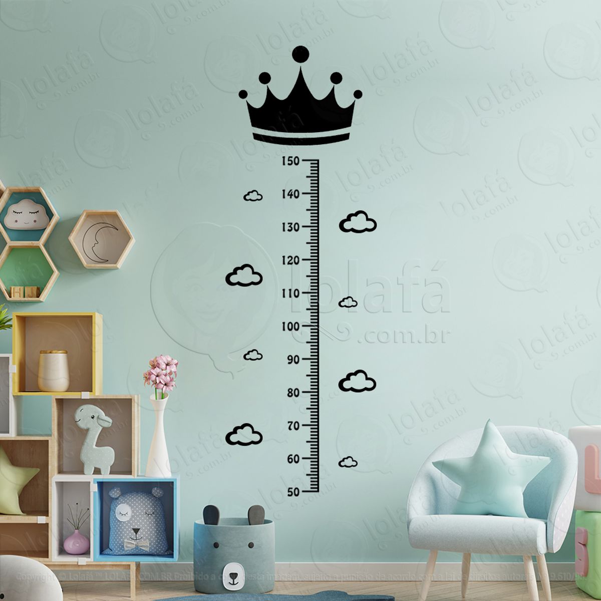 Coroa e Nuvens Adesivo Régua de Crescimento Infantil, Medidor de Altura para Quarto, Porta e Parede Mod:144