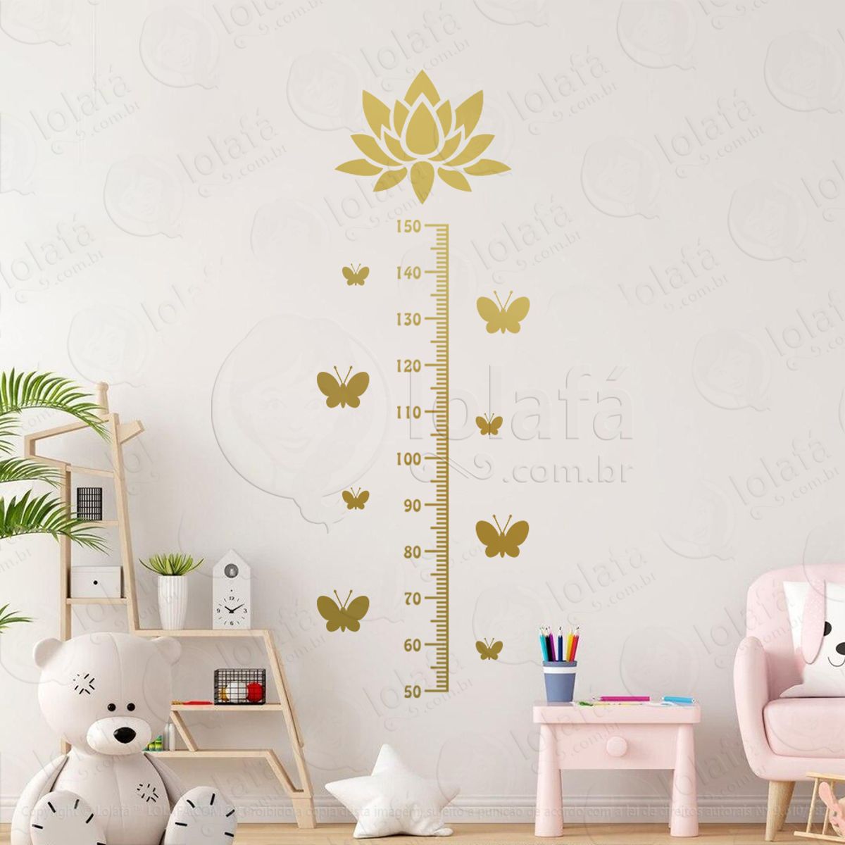 Flor e Borboletas Adesivo Régua de Crescimento Infantil, Medidor de Altura para Quarto, Porta e Parede Mod:149