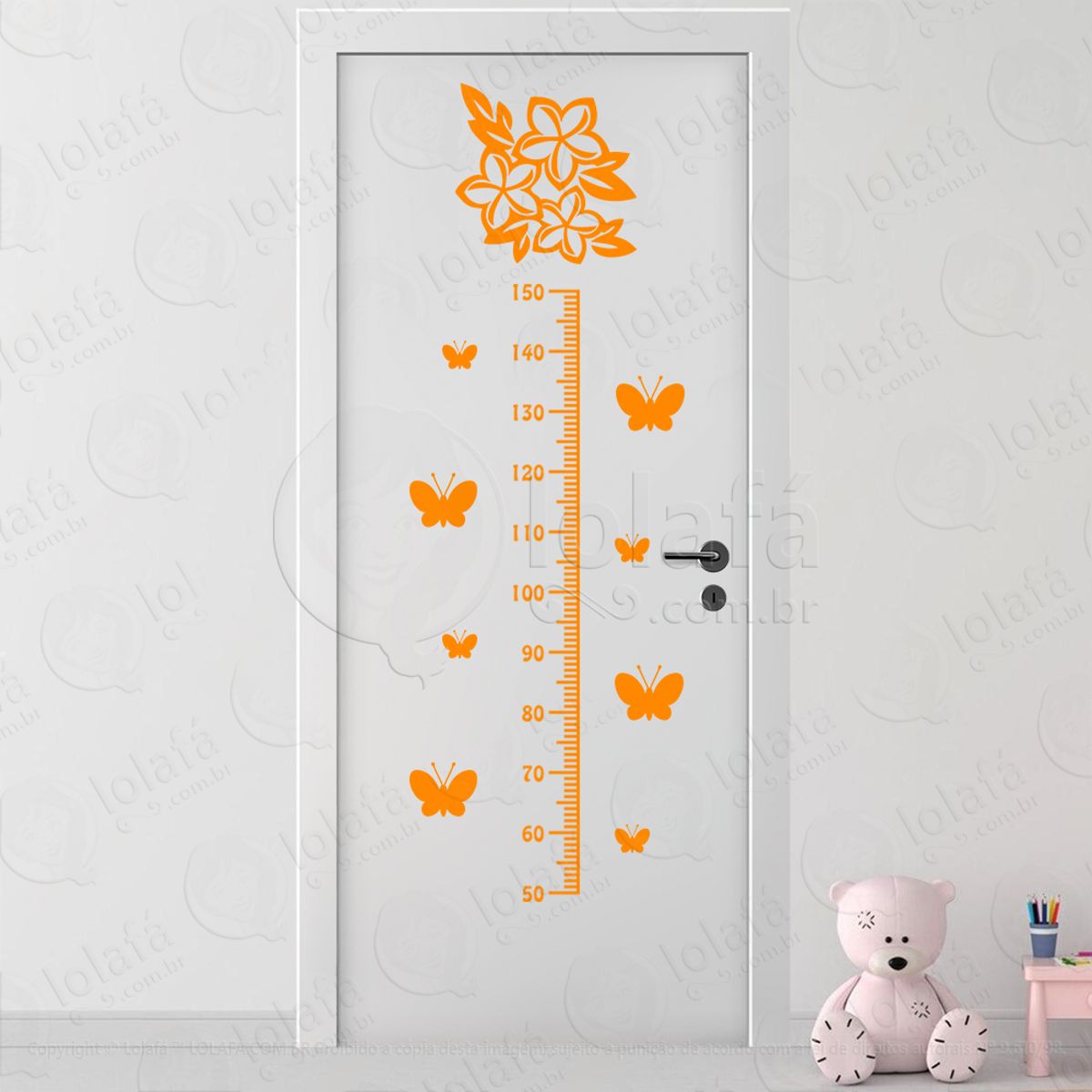 Flor e Borboletas Adesivo Régua de Crescimento Infantil, Medidor de Altura para Quarto, Porta e Parede Mod:150