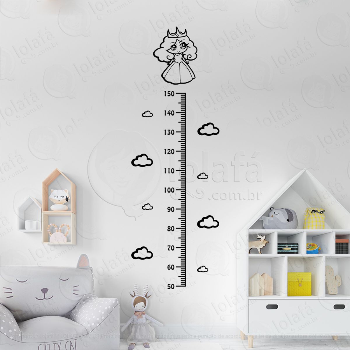 Princesa e Nuvens Adesivo Régua de Crescimento Infantil, Medidor de Altura para Quarto, Porta e Parede Mod:159