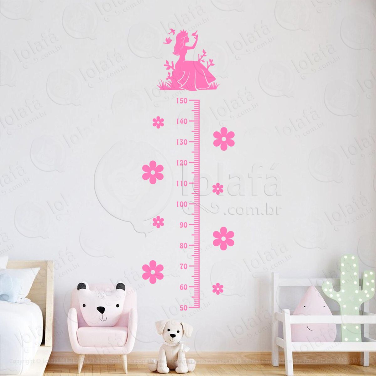 Princesa e Flores Adesivo Régua de Crescimento Infantil, Medidor de Altura para Quarto, Porta e Parede Mod:161