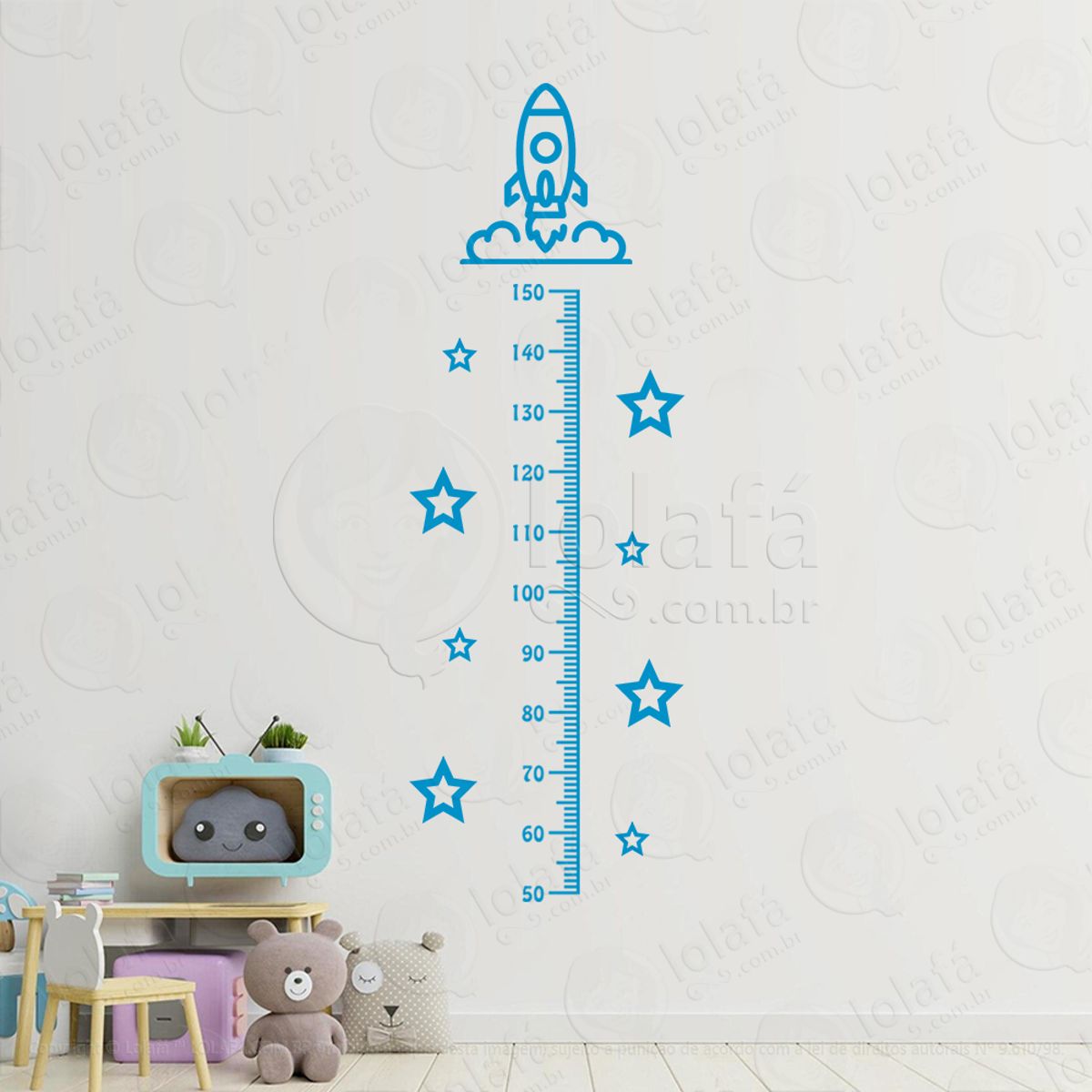 Foguete e Estrelas Adesivo Régua de Crescimento Infantil, Medidor de Altura para Quarto, Porta e Parede Mod:173