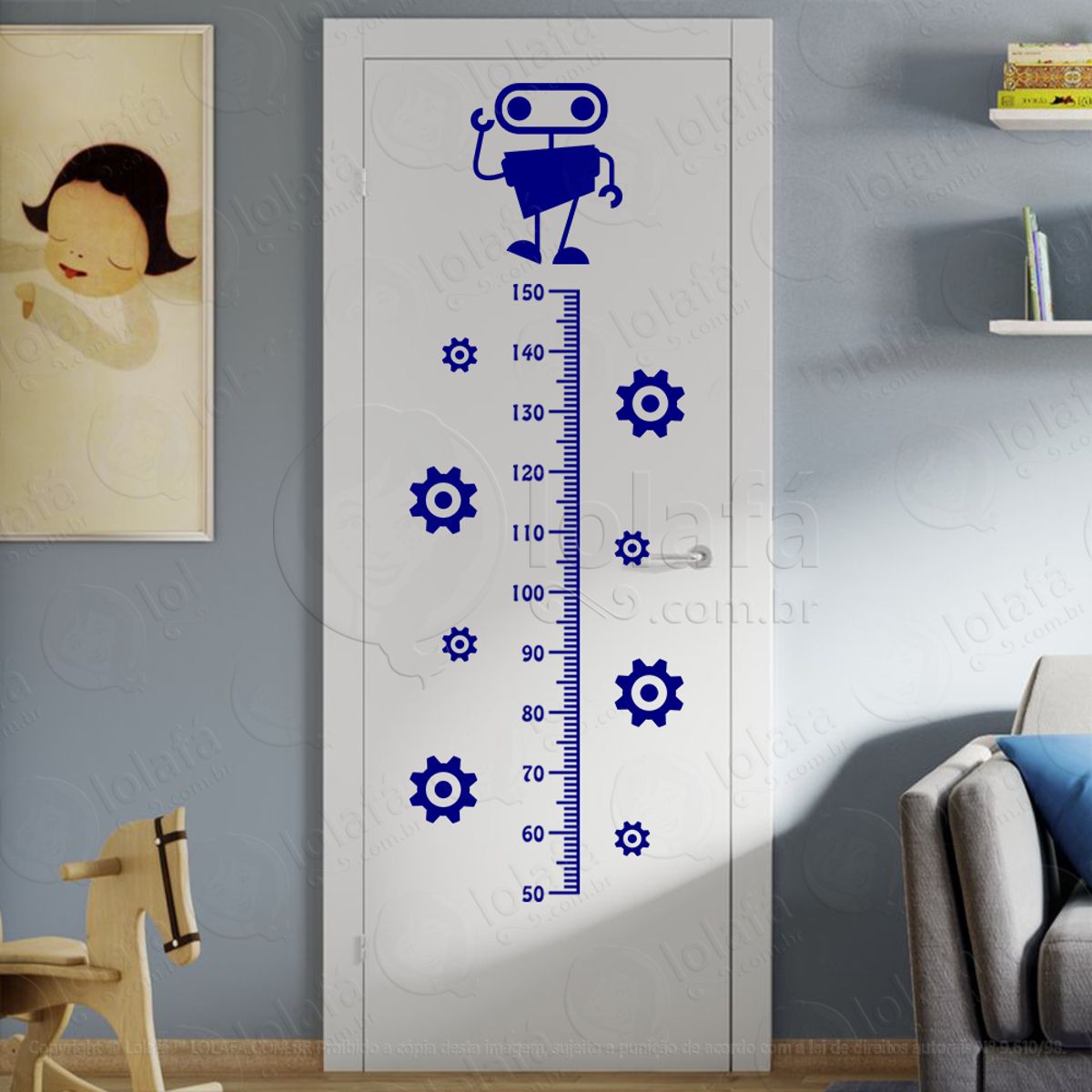 Robô e Engrenagens Adesivo Régua de Crescimento Infantil, Medidor de Altura para Quarto, Porta e Parede Mod:180