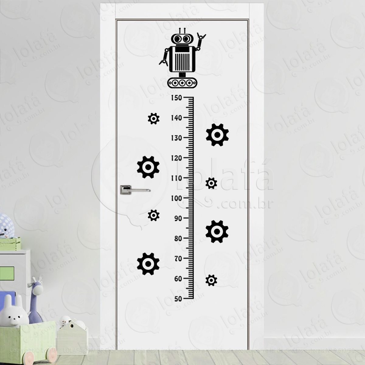 Robô e Engrenagens Adesivo Régua de Crescimento Infantil, Medidor de Altura para Quarto, Porta e Parede Mod:184