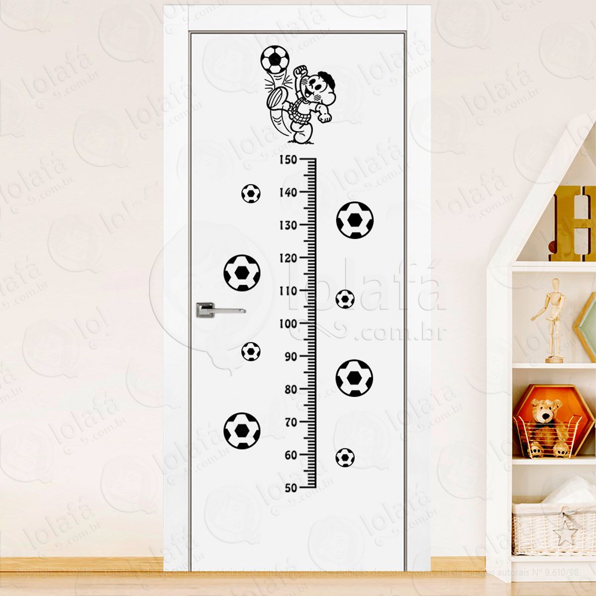 Futebol Cascão Turma da Mônica e Bolas de Futebol Adesivo Régua de Crescimento Infantil, Medidor de Altura para Quarto, Porta e Parede Mod:196