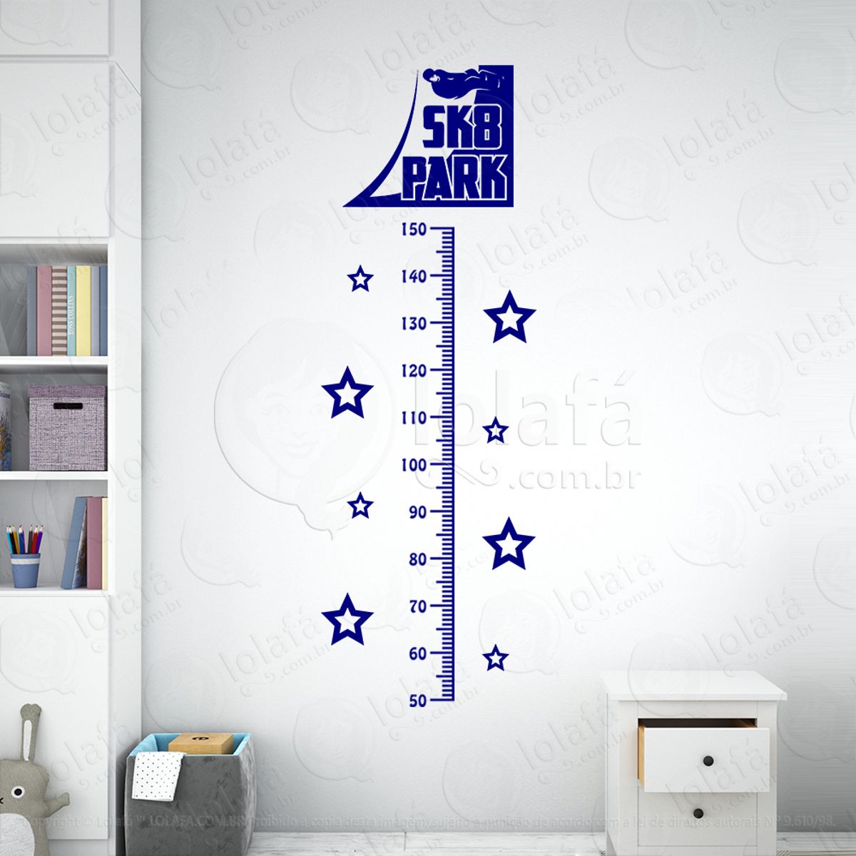 Skate e Estrelas Adesivo Régua de Crescimento Infantil, Medidor de Altura para Quarto, Porta e Parede Mod:203