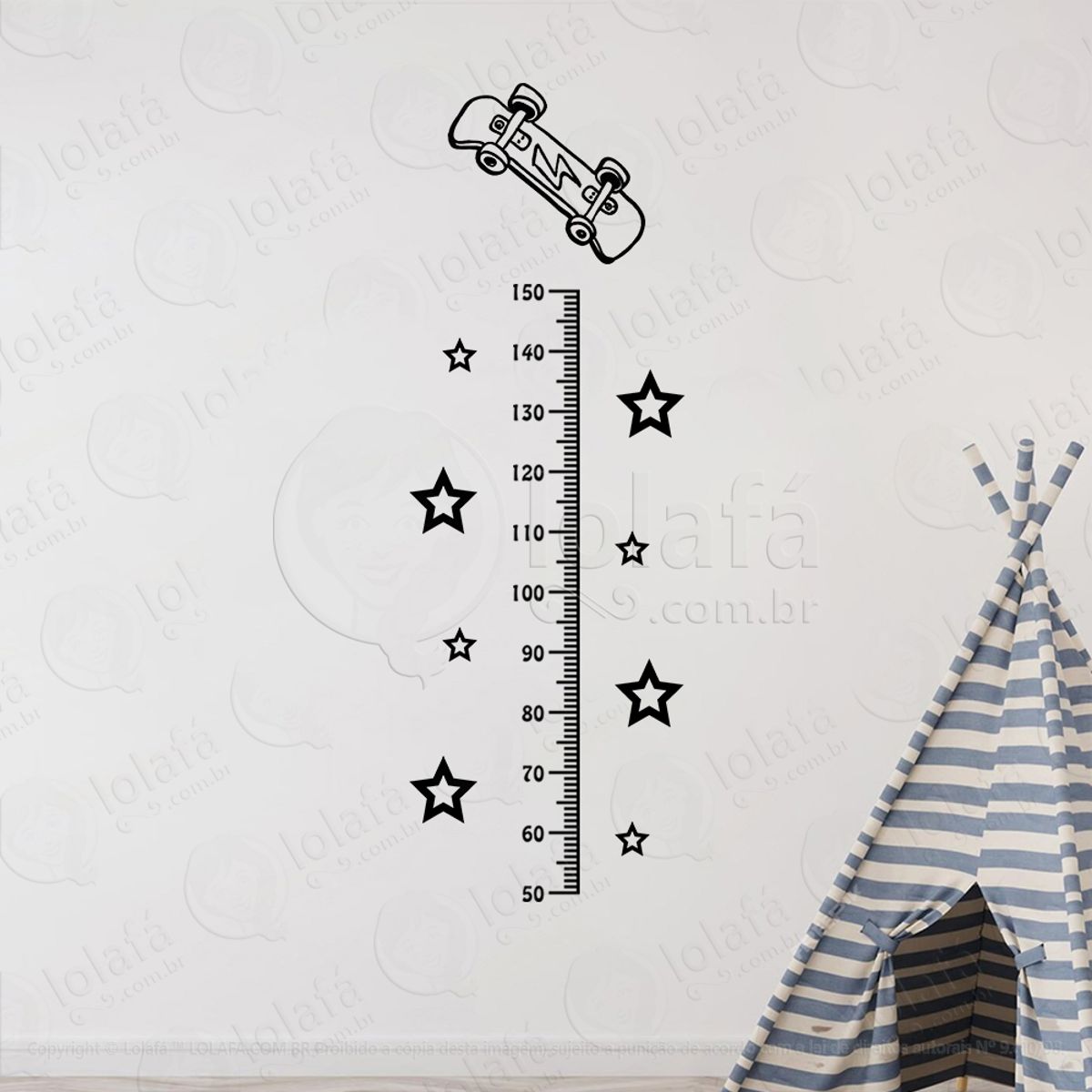 Skate e Estrelas Adesivo Régua de Crescimento Infantil, Medidor de Altura para Quarto, Porta e Parede Mod:205