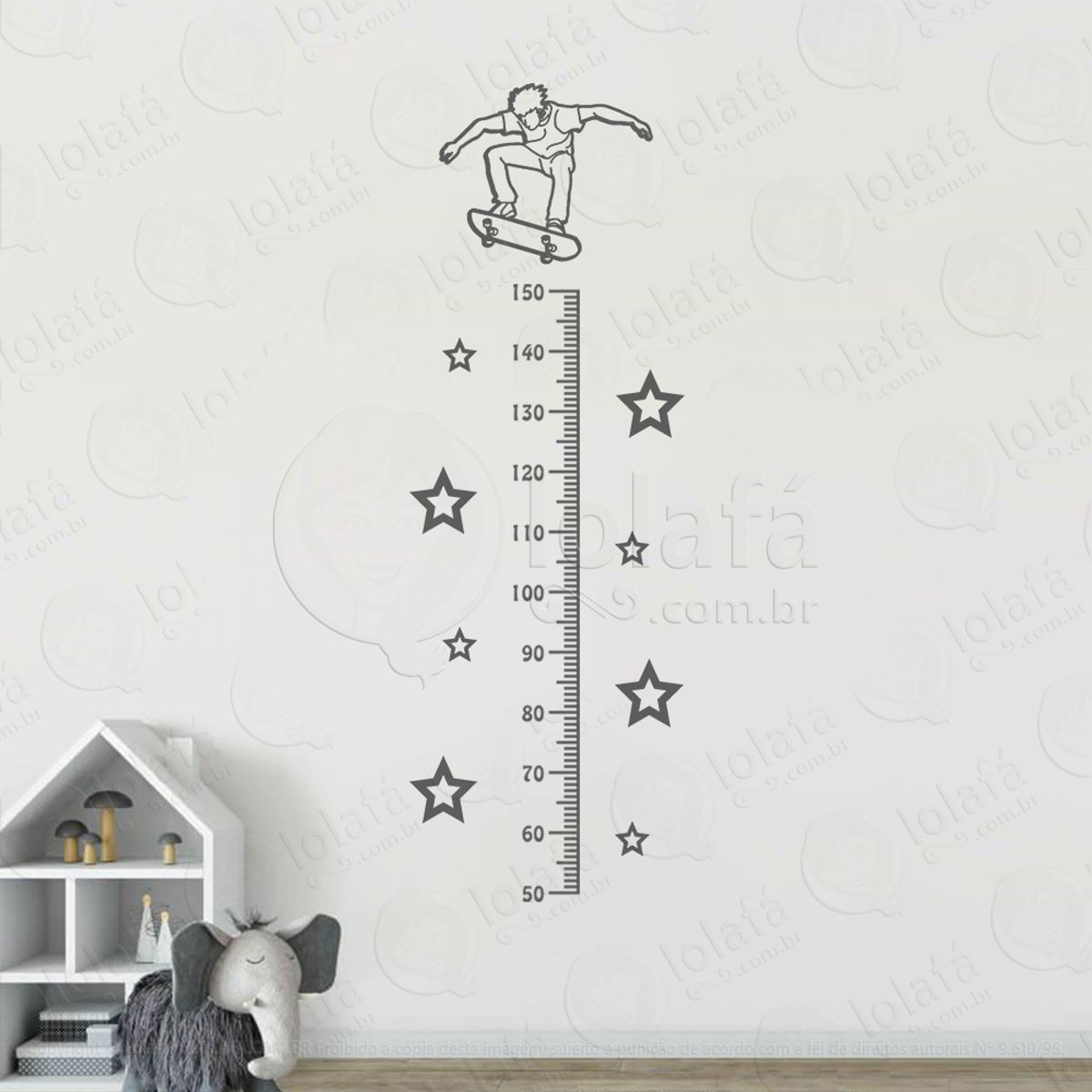 Skate e Estrelas Adesivo Régua de Crescimento Infantil, Medidor de Altura para Quarto, Porta e Parede Mod:206
