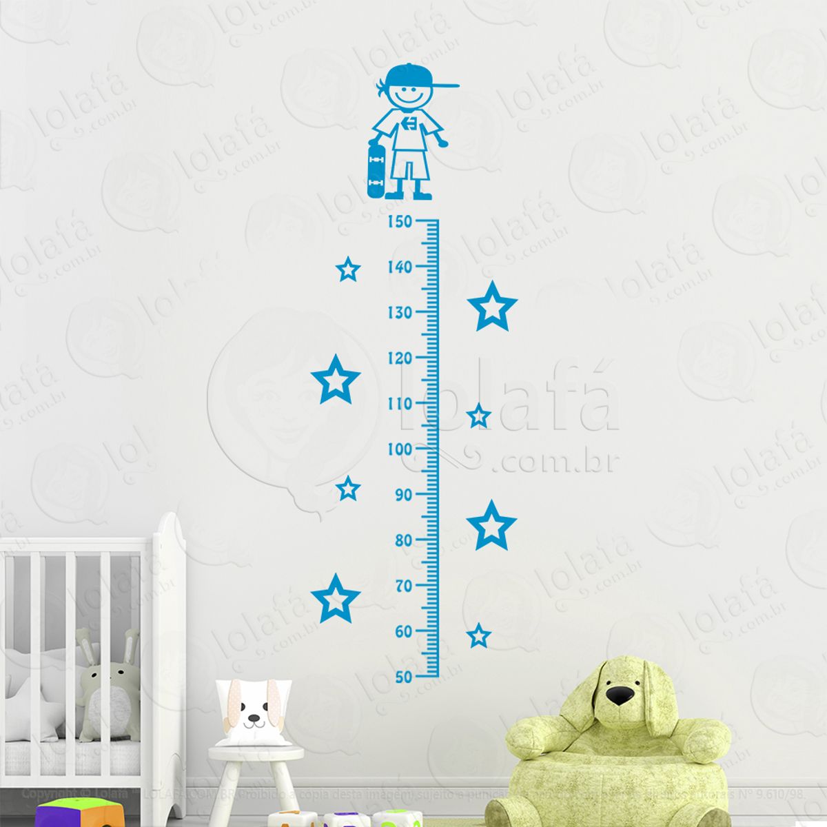 Skatista e Estrelas Adesivo Régua de Crescimento Infantil, Medidor de Altura para Quarto, Porta e Parede Mod:208
