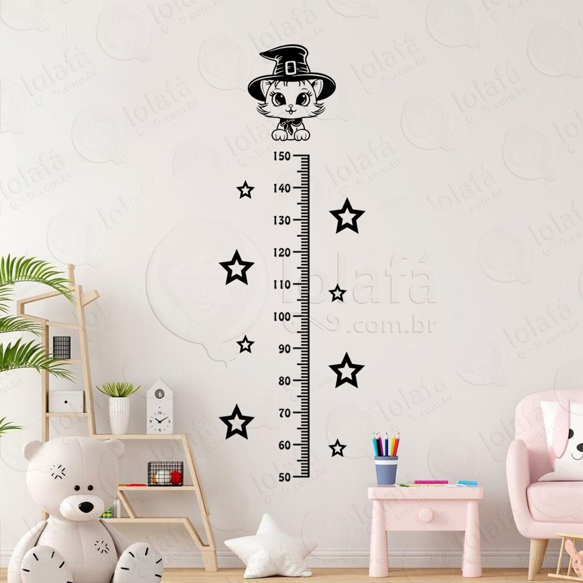 Gata Bruxinha e Estrelas Adesivo Régua de Crescimento Infantil, Medidor de Altura para Quarto, Porta e Parede Mod:214