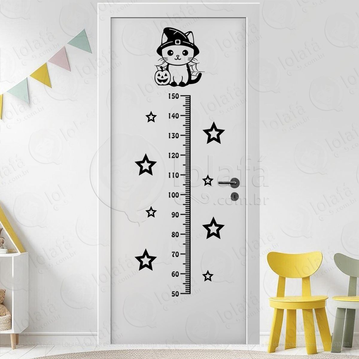 Gato Bruxinho e Estrelas Adesivo Régua de Crescimento Infantil, Medidor de Altura para Quarto, Porta e Parede Mod:215