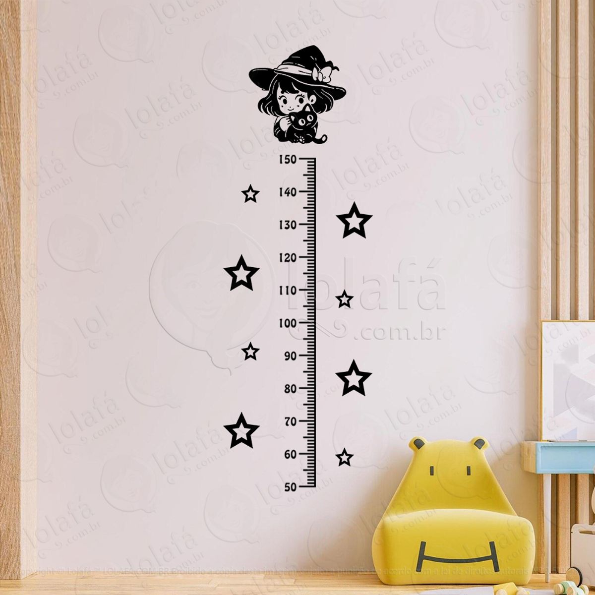 Bruxinha com Gato e Estrelas Adesivo Régua de Crescimento Infantil, Medidor de Altura para Quarto, Porta e Parede Mod:216