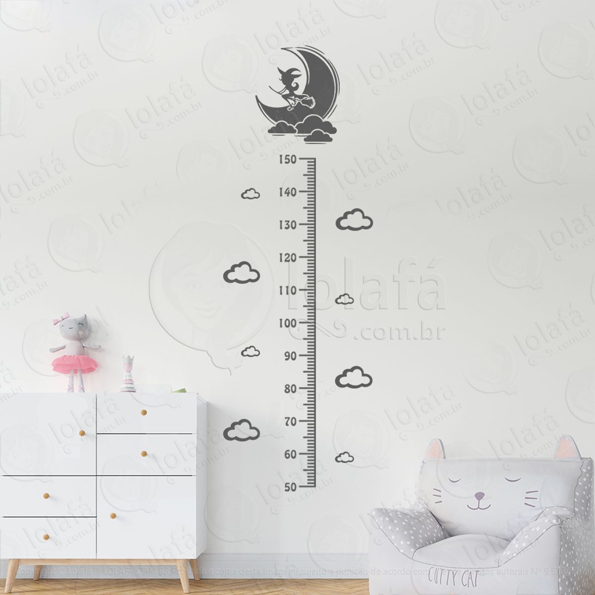 Bruxinha Voando e Nuvens Adesivo Régua de Crescimento Infantil, Medidor de Altura para Quarto, Porta e Parede Mod:217