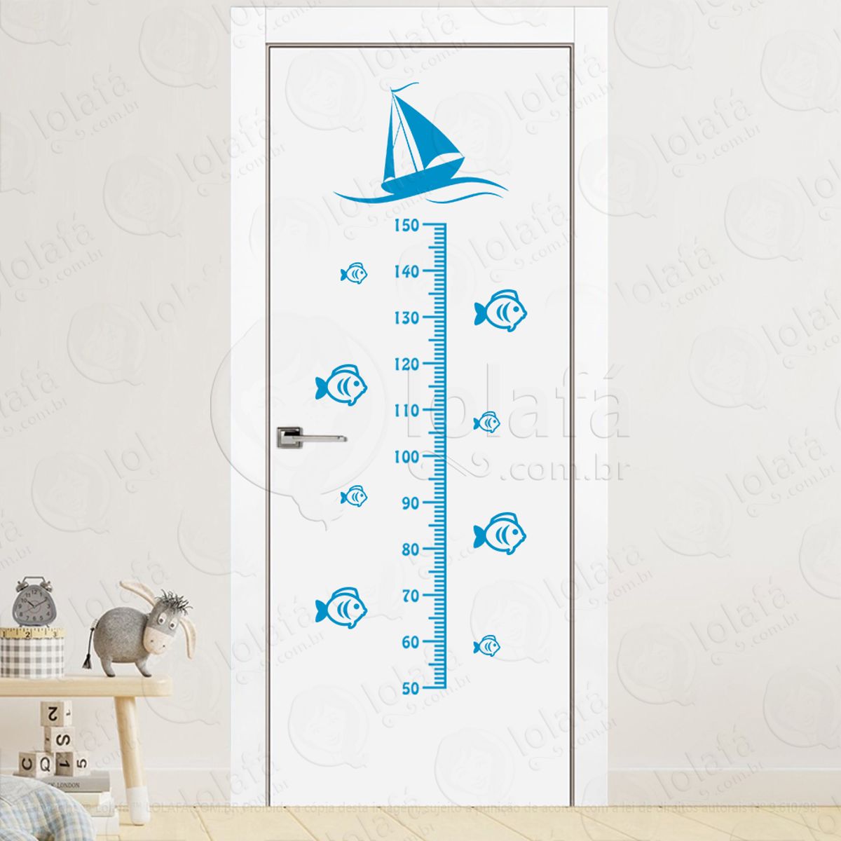 Barco Navio e Peixes Adesivo Régua de Crescimento Infantil, Medidor de Altura para Quarto, Porta e Parede Mod:236