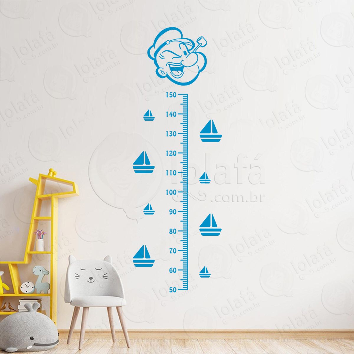 Marinheiro Popeye e Barcos Adesivo Régua de Crescimento Infantil, Medidor de Altura para Quarto, Porta e Parede Mod:240