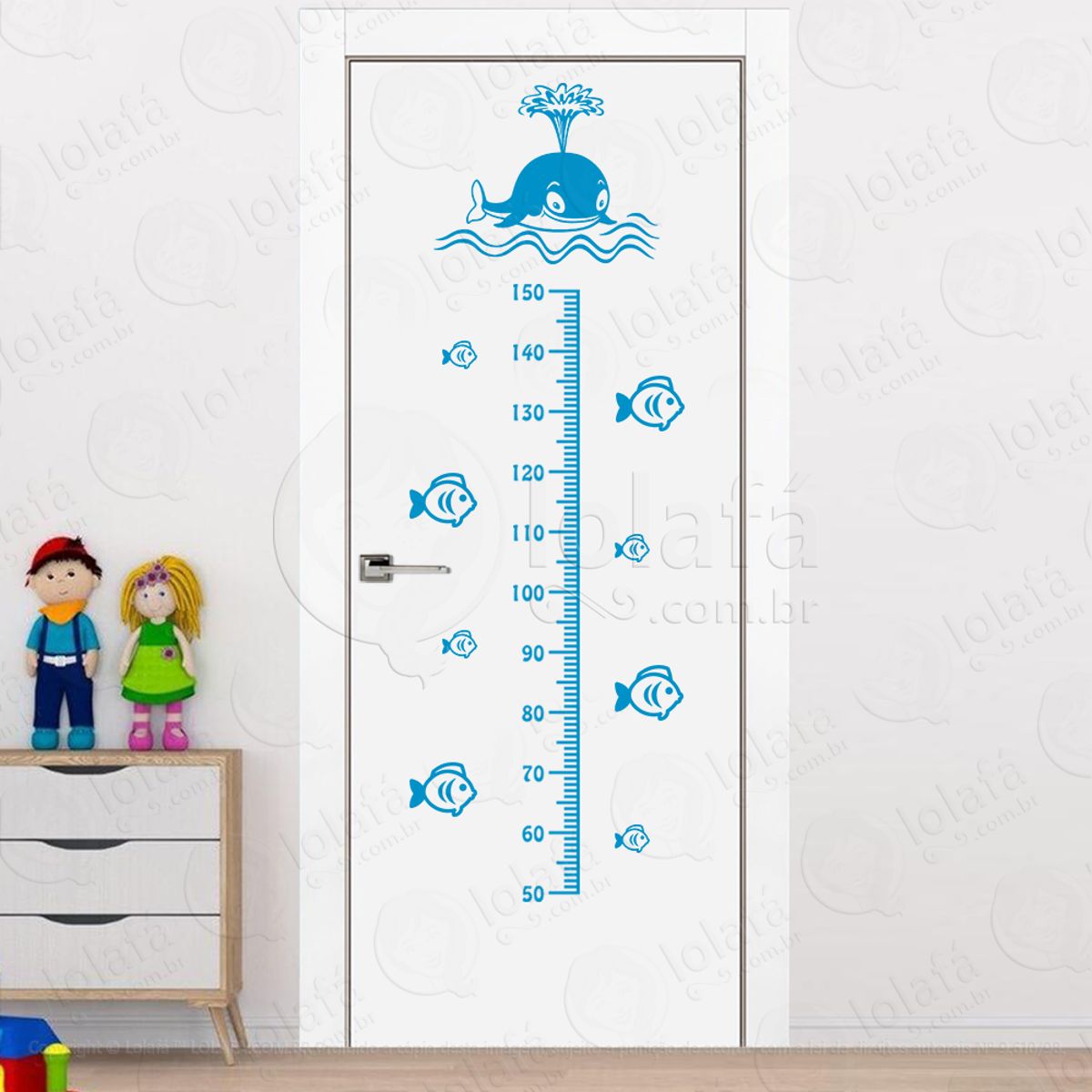 Baleia e Peixes Adesivo Régua de Crescimento Infantil, Medidor de Altura para Quarto, Porta e Parede Mod:255