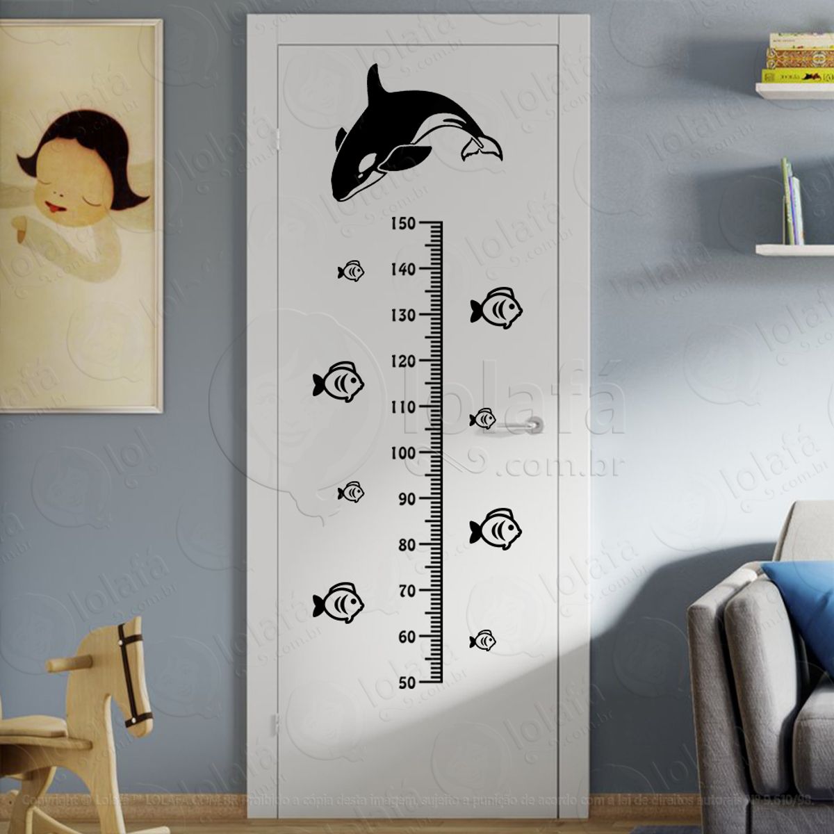 Baleia e Peixes Adesivo Régua de Crescimento Infantil, Medidor de Altura para Quarto, Porta e Parede Mod:256
