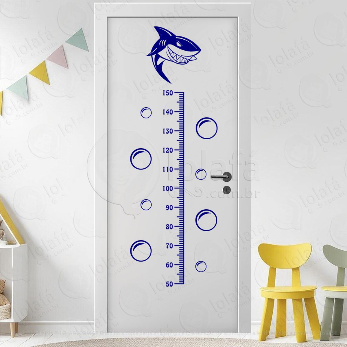 Tubarão e Bolhas Adesivo Régua de Crescimento Infantil, Medidor de Altura para Quarto, Porta e Parede Mod:278