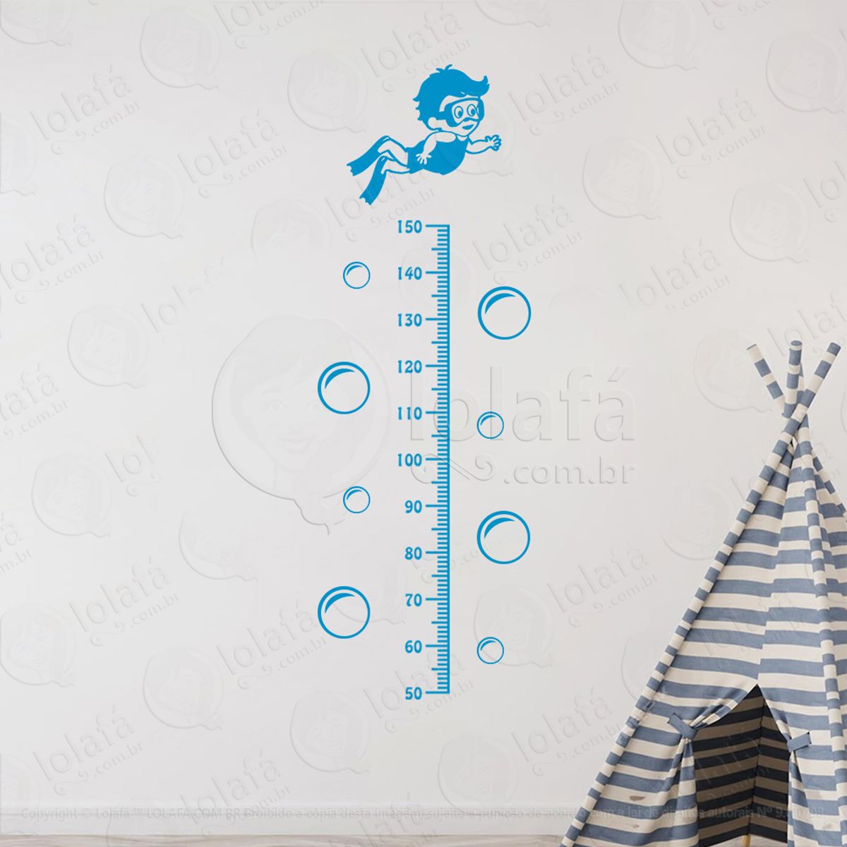 Natação e Bolhas Adesivo Régua de Crescimento Infantil, Medidor de Altura para Quarto, Porta e Parede Mod:282