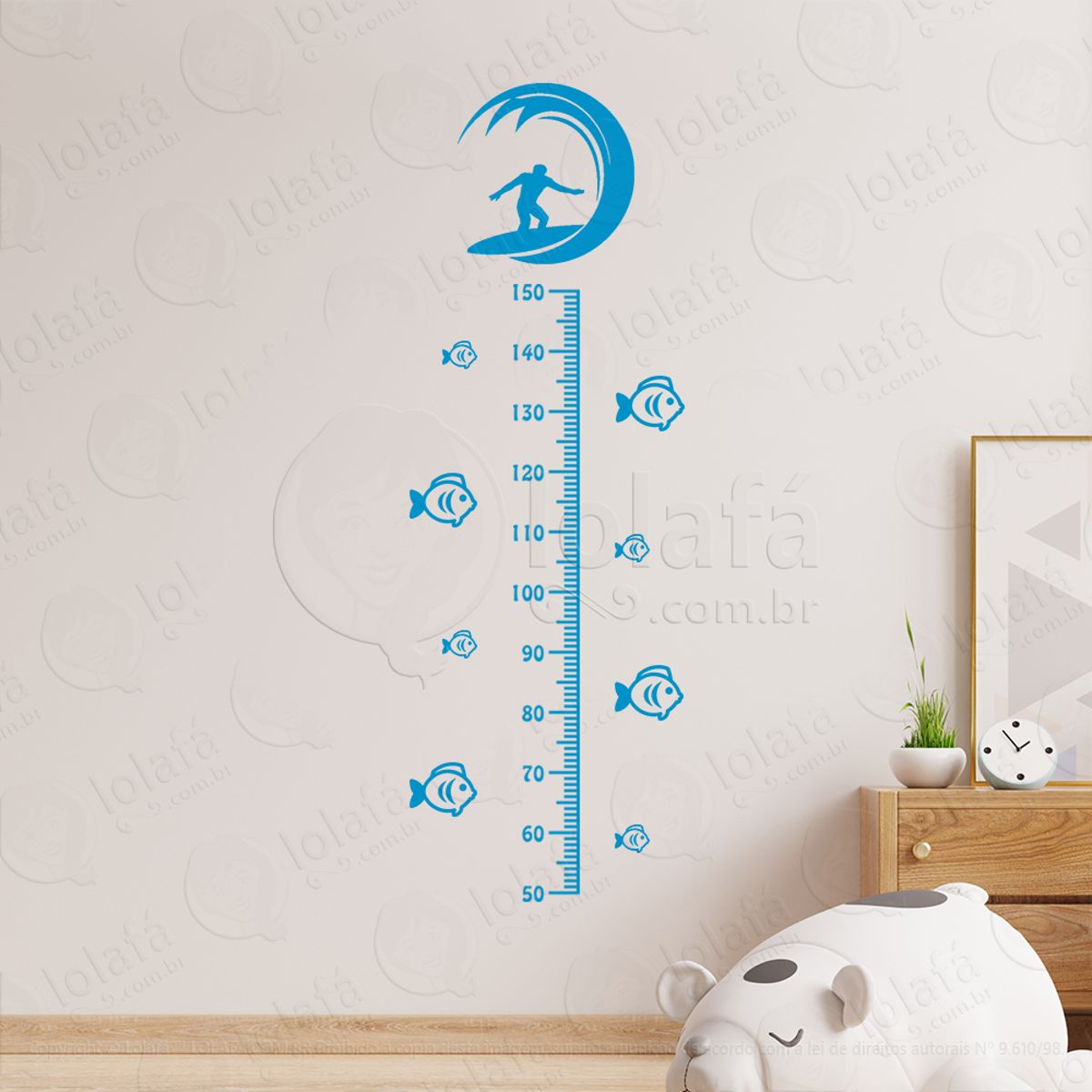 Surf e Peixes Adesivo Régua de Crescimento Infantil, Medidor de Altura para Quarto, Porta e Parede Mod:284