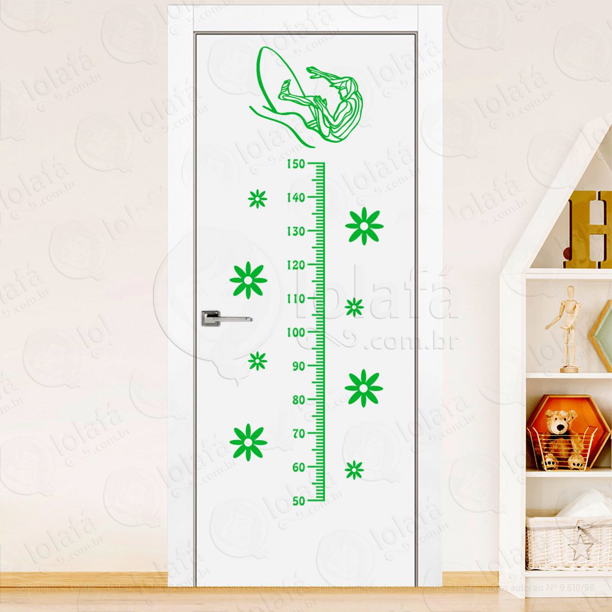 Surf e Flores Adesivo Régua de Crescimento Infantil, Medidor de Altura para Quarto, Porta e Parede Mod:288