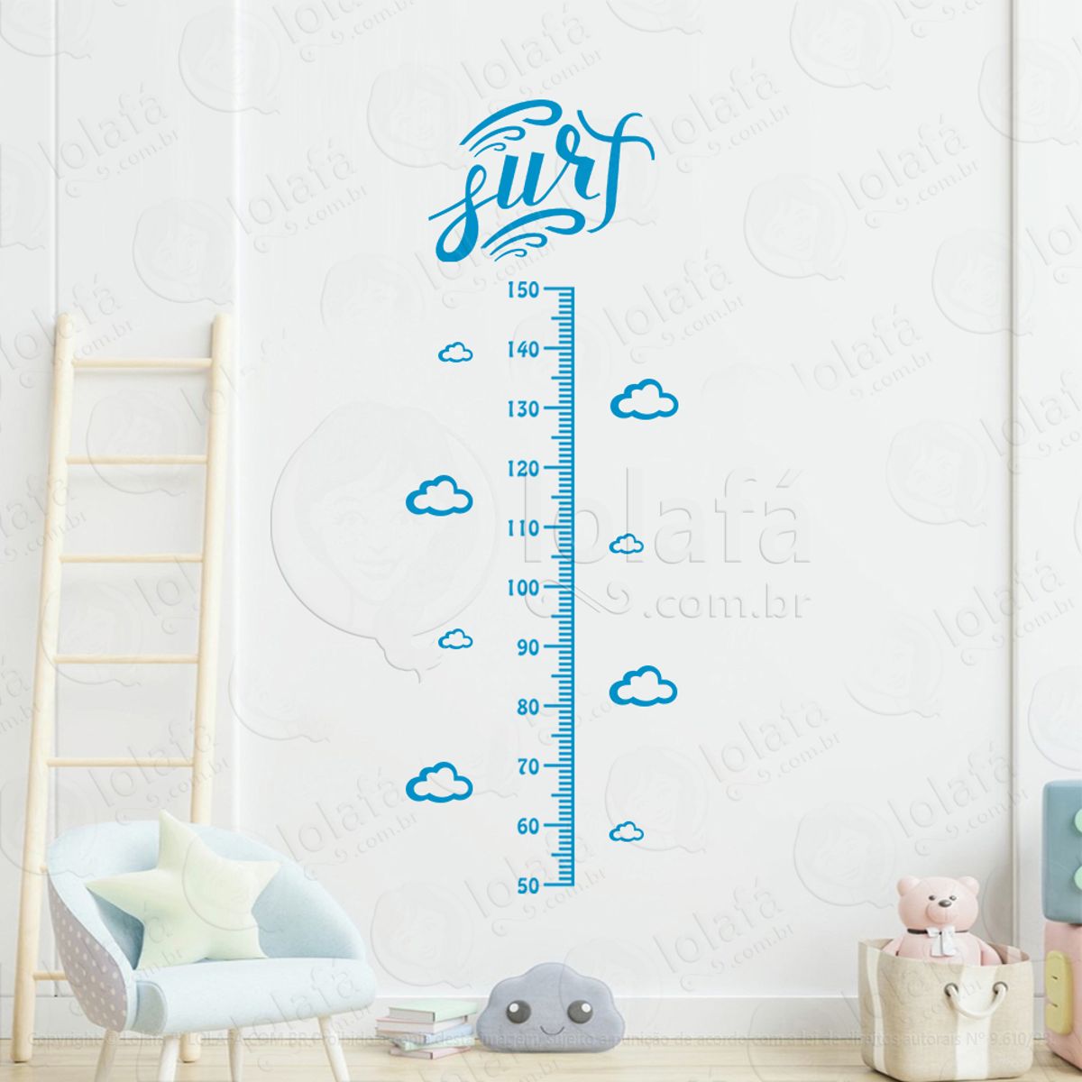 Surf e Nuvens Adesivo Régua de Crescimento Infantil, Medidor de Altura para Quarto, Porta e Parede Mod:289