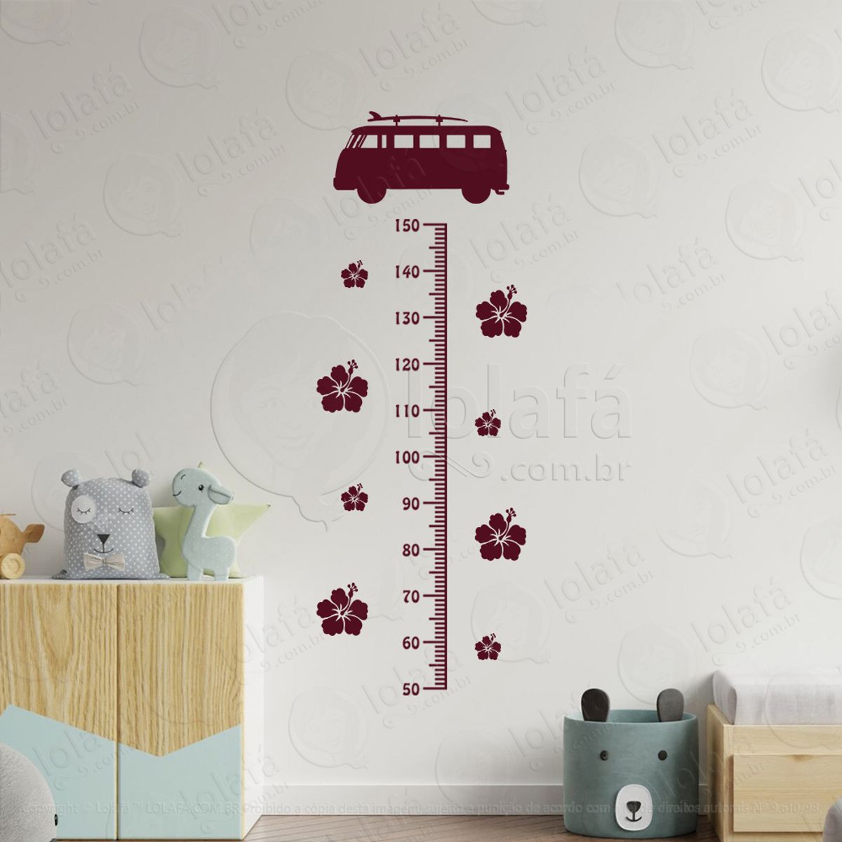 Surf e Flores Adesivo Régua de Crescimento Infantil, Medidor de Altura para Quarto, Porta e Parede Mod:291