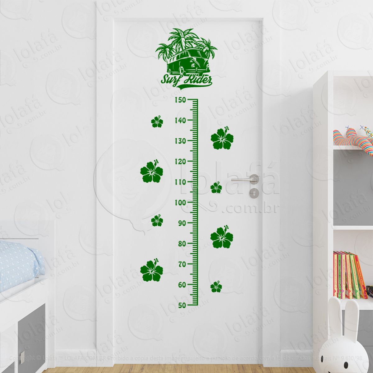 Surf Rider e Flores Adesivo Régua de Crescimento Infantil, Medidor de Altura para Quarto, Porta e Parede Mod:294
