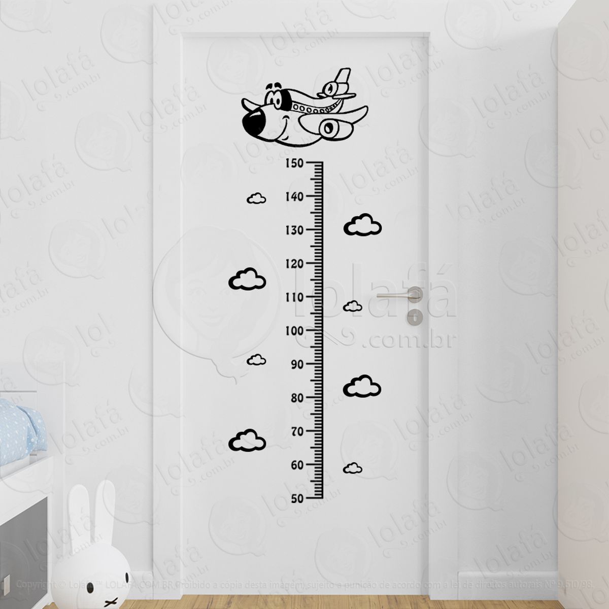 Avião e Nuvens Adesivo Régua de Crescimento Infantil, Medidor de Altura para Quarto, Porta e Parede Mod:296