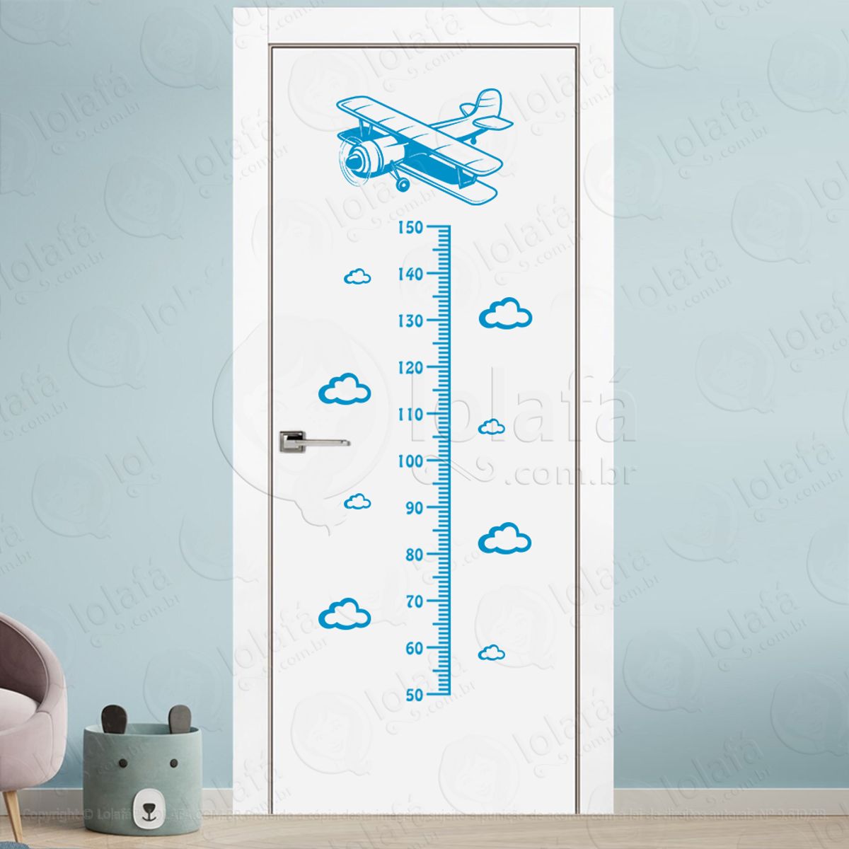 Avião e Nuvens Adesivo Régua de Crescimento Infantil, Medidor de Altura para Quarto, Porta e Parede Mod:299