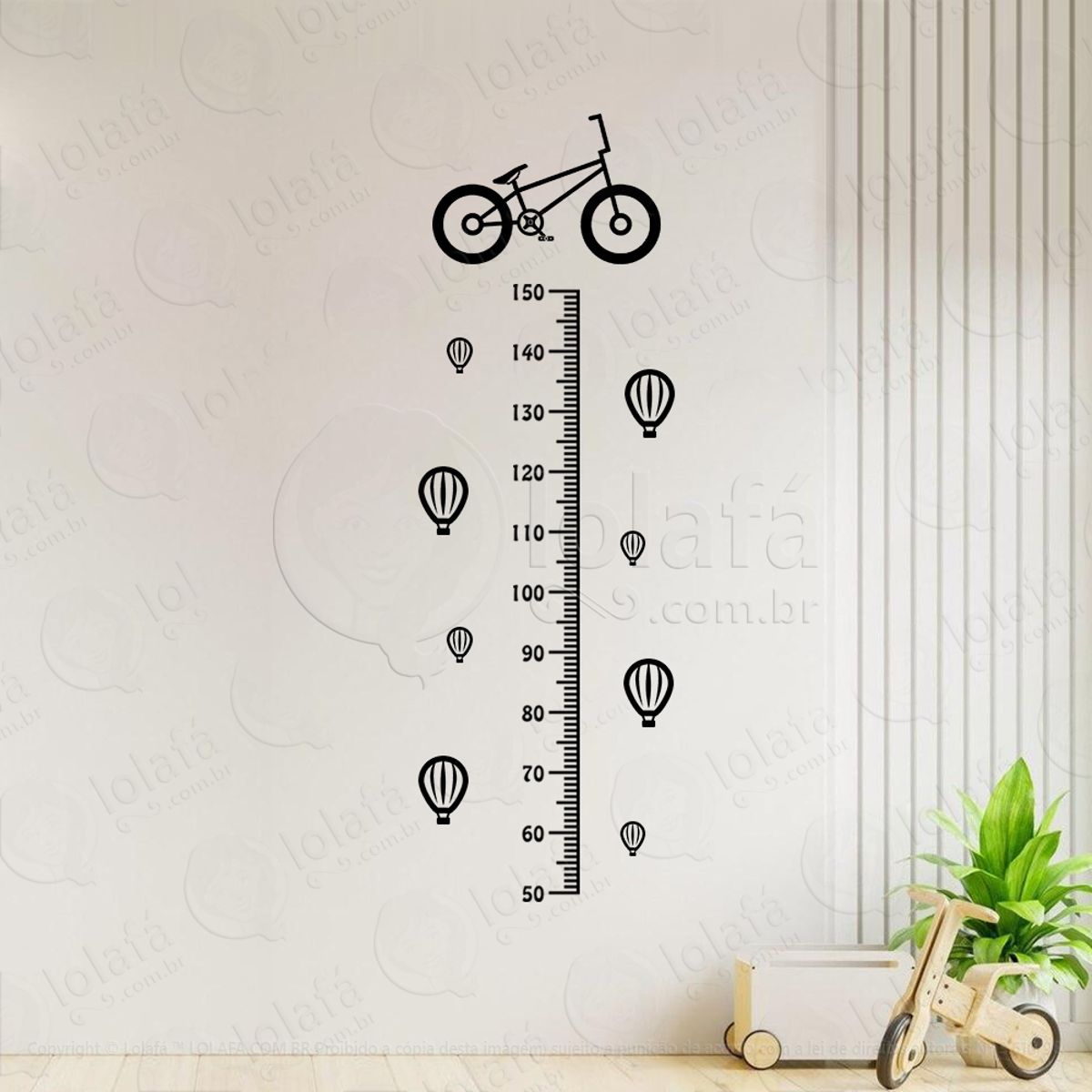Bicicleta e Balões Adesivo Régua de Crescimento Infantil, Medidor de Altura para Quarto, Porta e Parede Mod:302