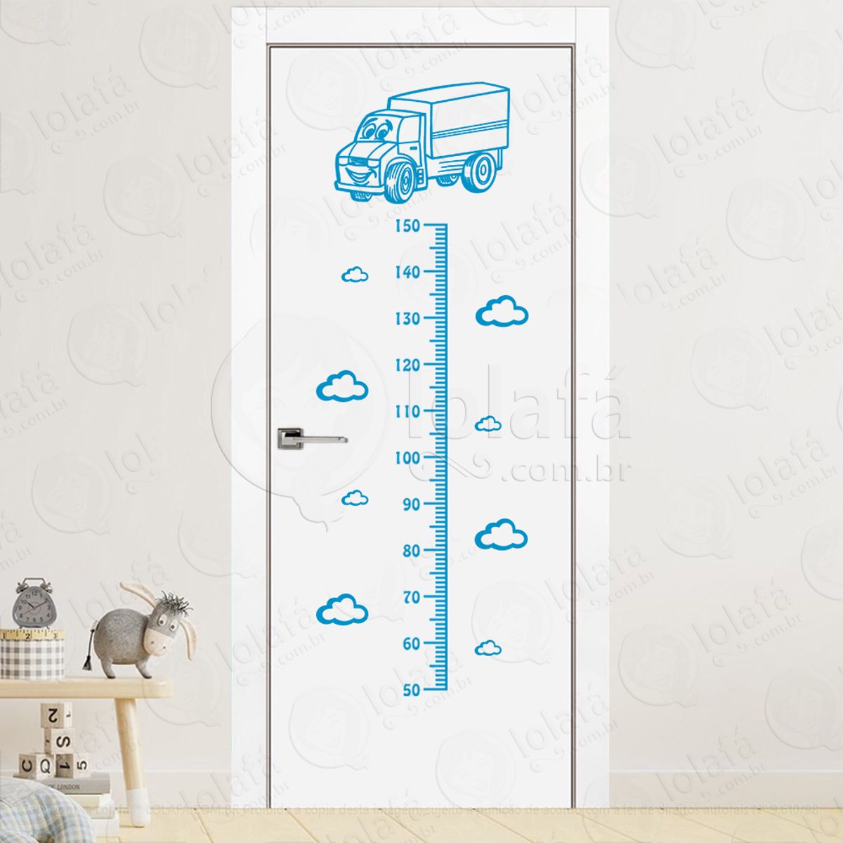Caminhão e Nuvens Adesivo Régua de Crescimento Infantil, Medidor de Altura para Quarto, Porta e Parede Mod:306