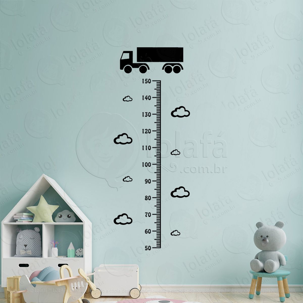 Caminhão e Nuvens Adesivo Régua de Crescimento Infantil, Medidor de Altura para Quarto, Porta e Parede Mod:307
