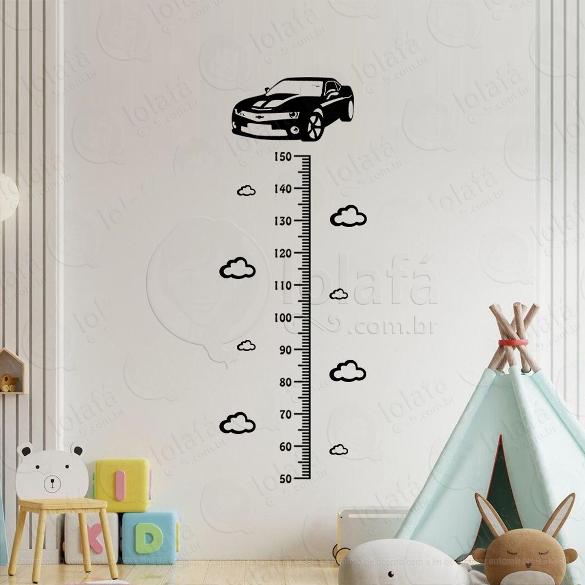 Carro e Nuvens Adesivo Régua de Crescimento Infantil, Medidor de Altura para Quarto, Porta e Parede Mod:309