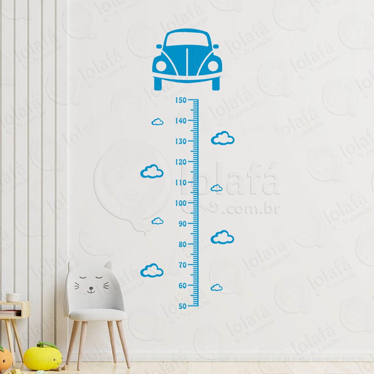 Carro e Nuvens Adesivo Régua de Crescimento Infantil, Medidor de Altura para Quarto, Porta e Parede Mod:310