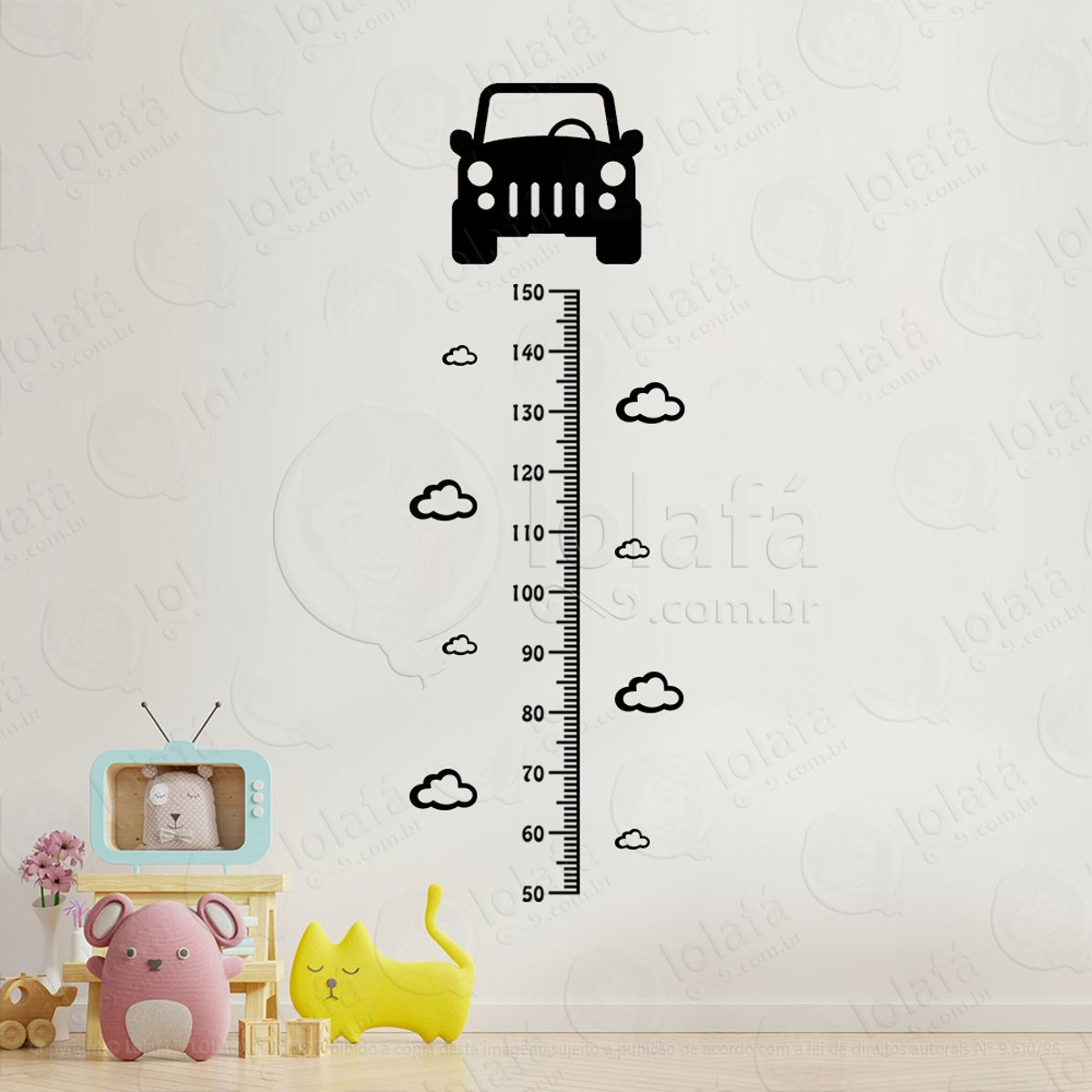 Carro e Nuvens Adesivo Régua de Crescimento Infantil, Medidor de Altura para Quarto, Porta e Parede Mod:312