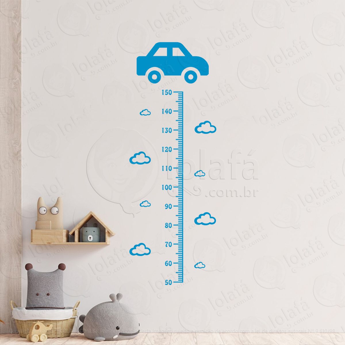 Carro e Nuvens Adesivo Régua de Crescimento Infantil, Medidor de Altura para Quarto, Porta e Parede Mod:313