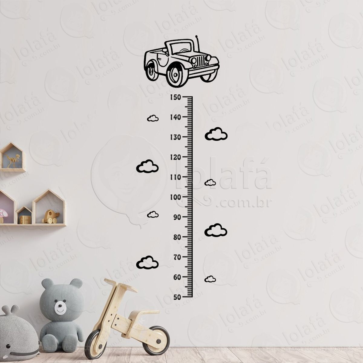 Carro e Nuvens Adesivo Régua de Crescimento Infantil, Medidor de Altura para Quarto, Porta e Parede Mod:314