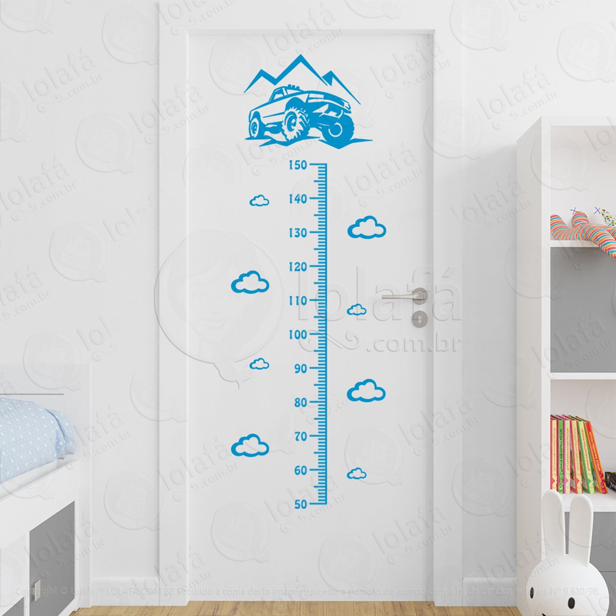 Carro e Nuvens Adesivo Régua de Crescimento Infantil, Medidor de Altura para Quarto, Porta e Parede Mod:315