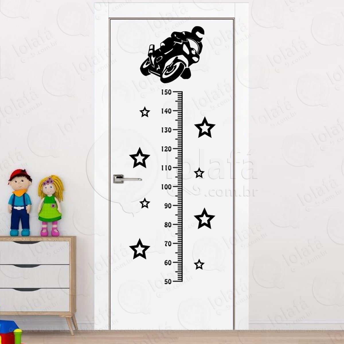 Moto e Estrelas Adesivo Régua de Crescimento Infantil, Medidor de Altura para Quarto, Porta e Parede Mod:326