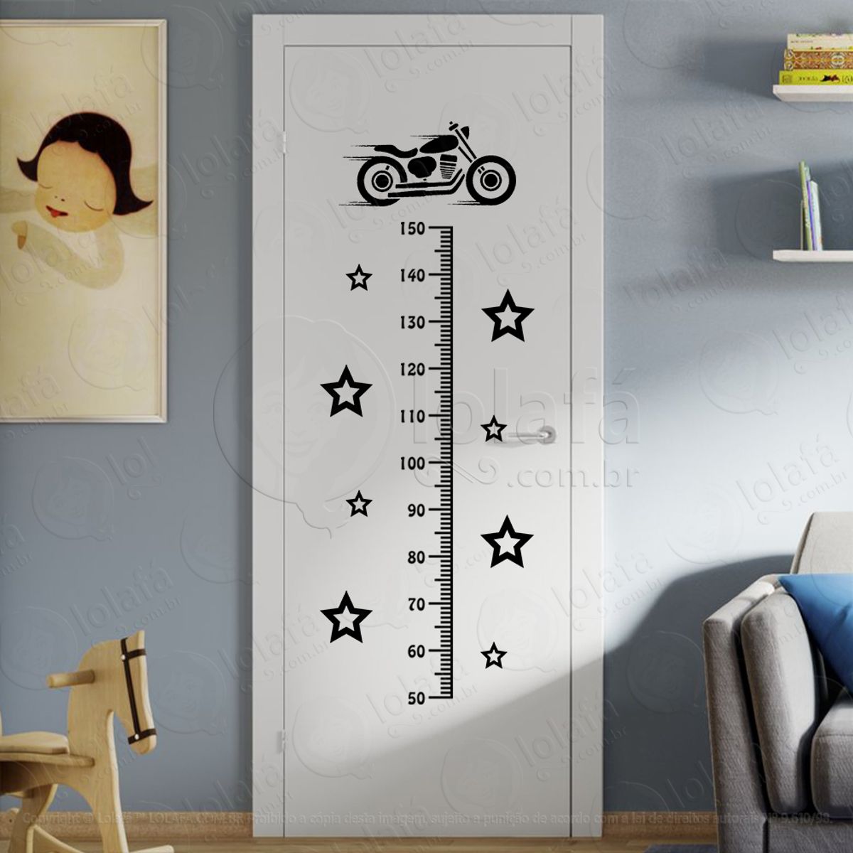 Moto e Estrelas Adesivo Régua de Crescimento Infantil, Medidor de Altura para Quarto, Porta e Parede Mod:327