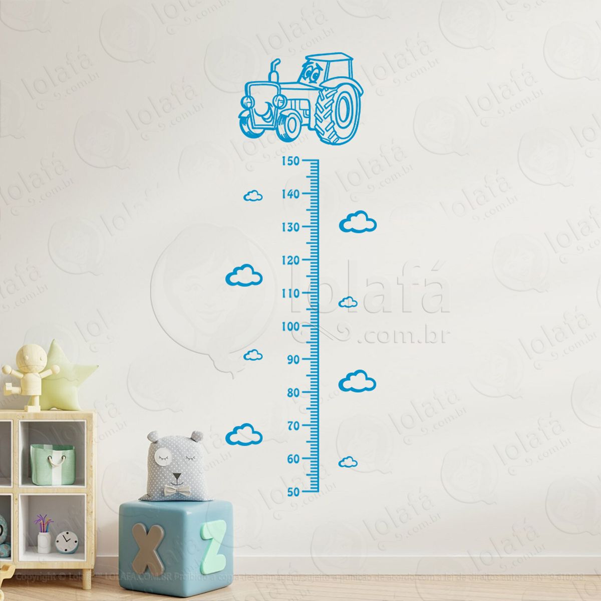 Tratô e Nuvens Adesivo Régua de Crescimento Infantil, Medidor de Altura para Quarto, Porta e Parede Mod:328