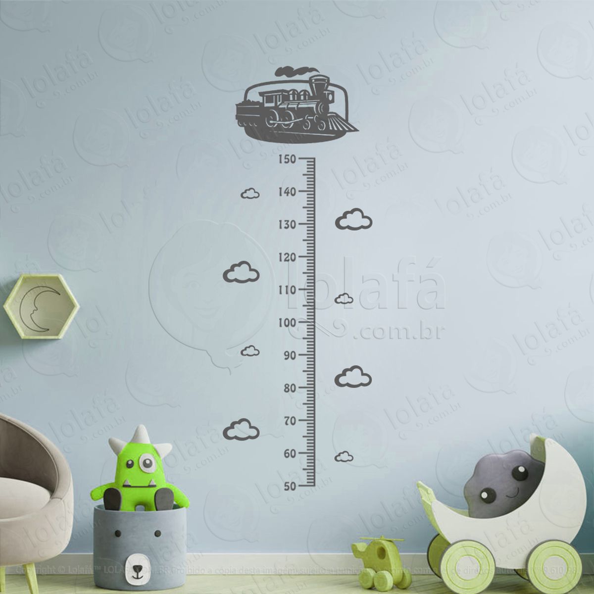 Trêm e Nuvens Adesivo Régua de Crescimento Infantil, Medidor de Altura para Quarto, Porta e Parede Mod:329