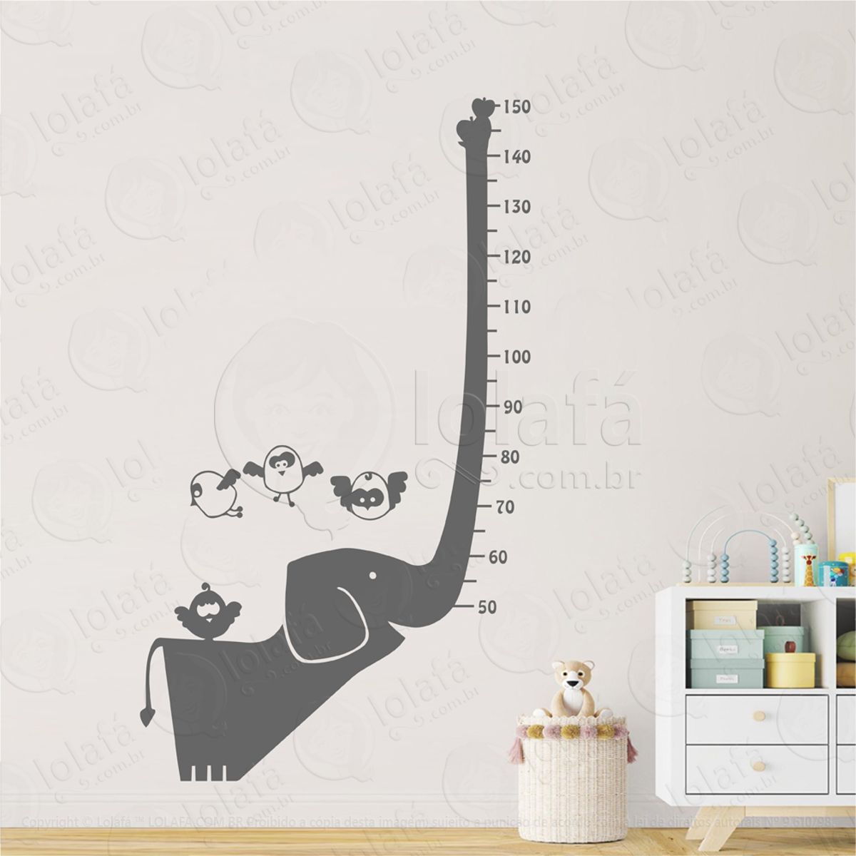 Elefante e Pássaros Adesivo Régua de Crescimento Infantil, Medidor de Altura para Quarto, Porta e Parede Mod:13