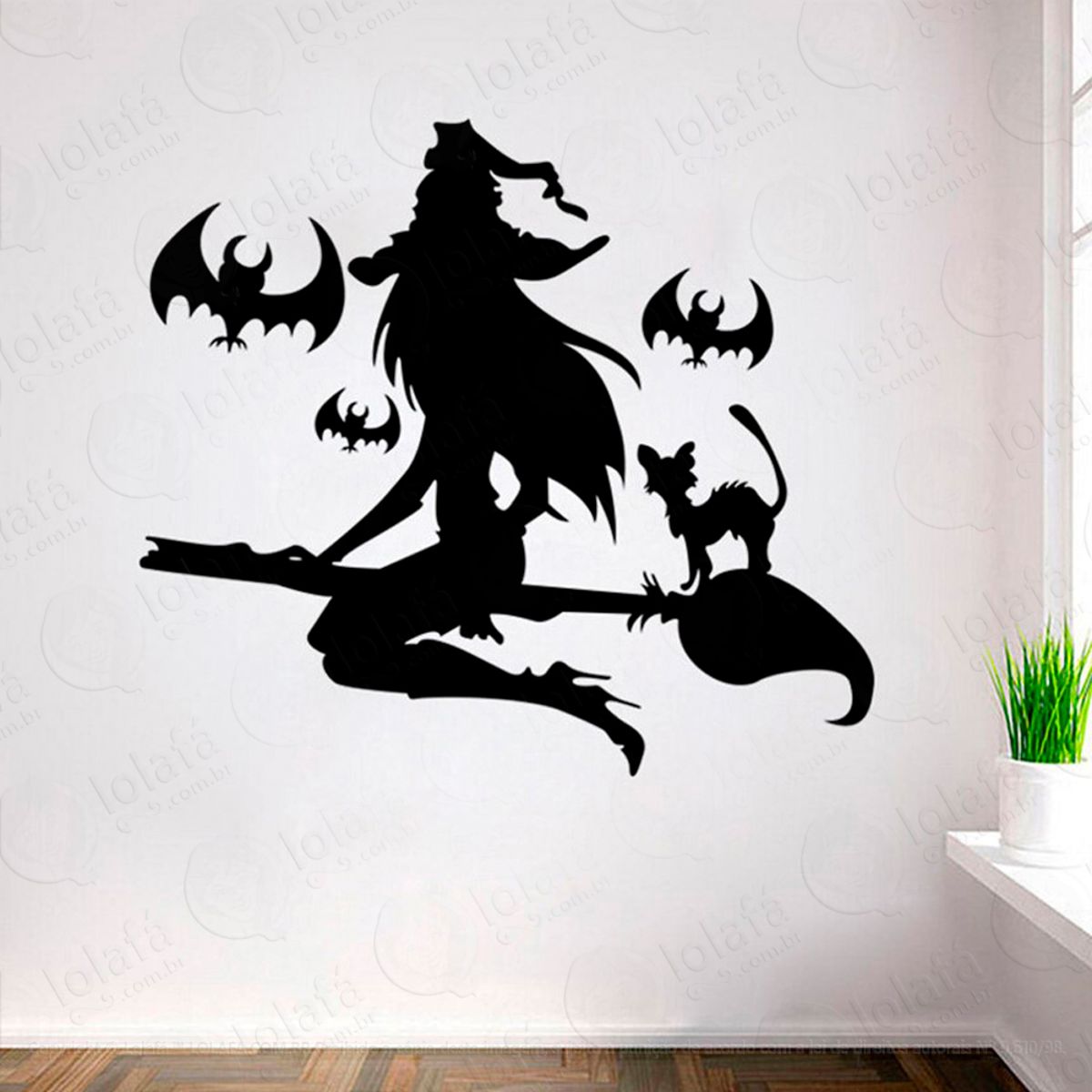 Bruxa e Gatos na Vassoura Adesivo de Parede Decorativo para Casa, Sala, Quarto e Vidro Mod:13